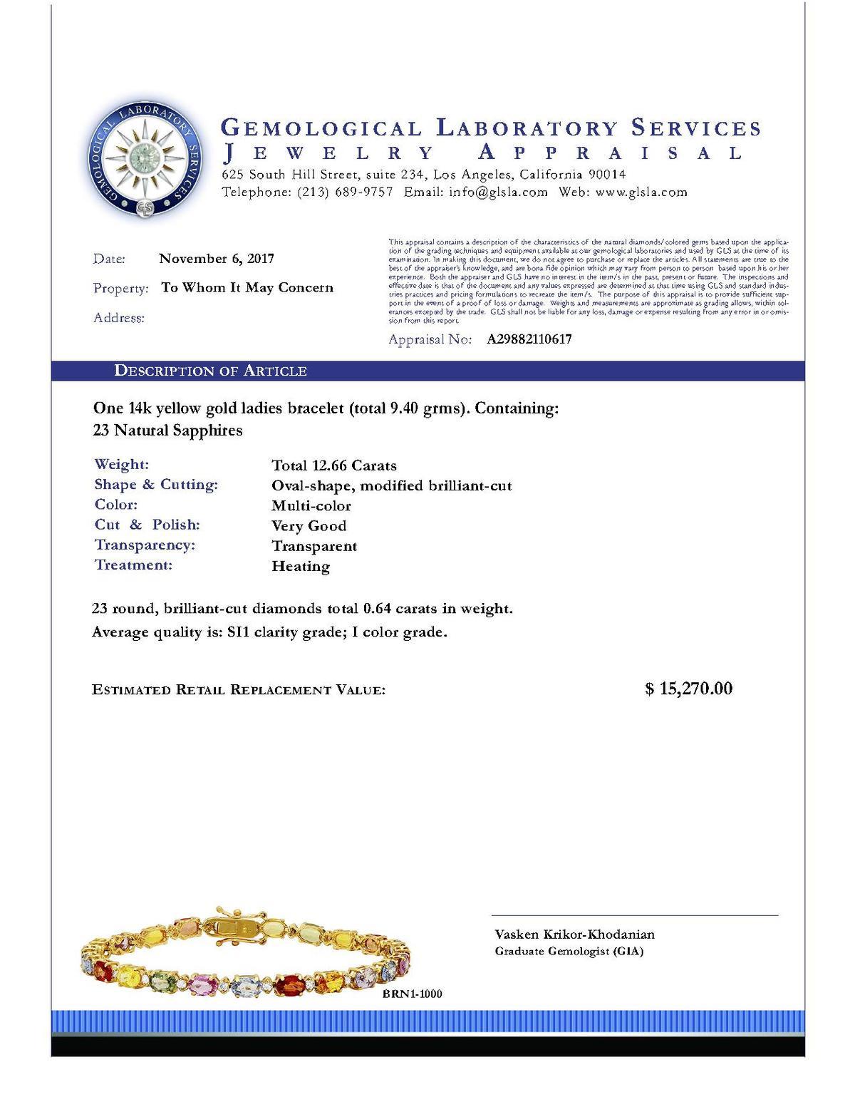 14k Yellow Gold 12.66ct Sapphire 0.64ct Diamond Bracelet