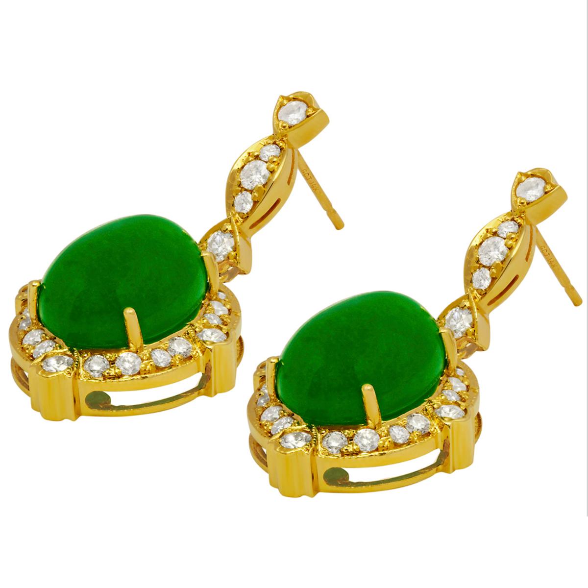 14k Yellow Gold 18.31ct Jade 1.87ct Diamond Earrings