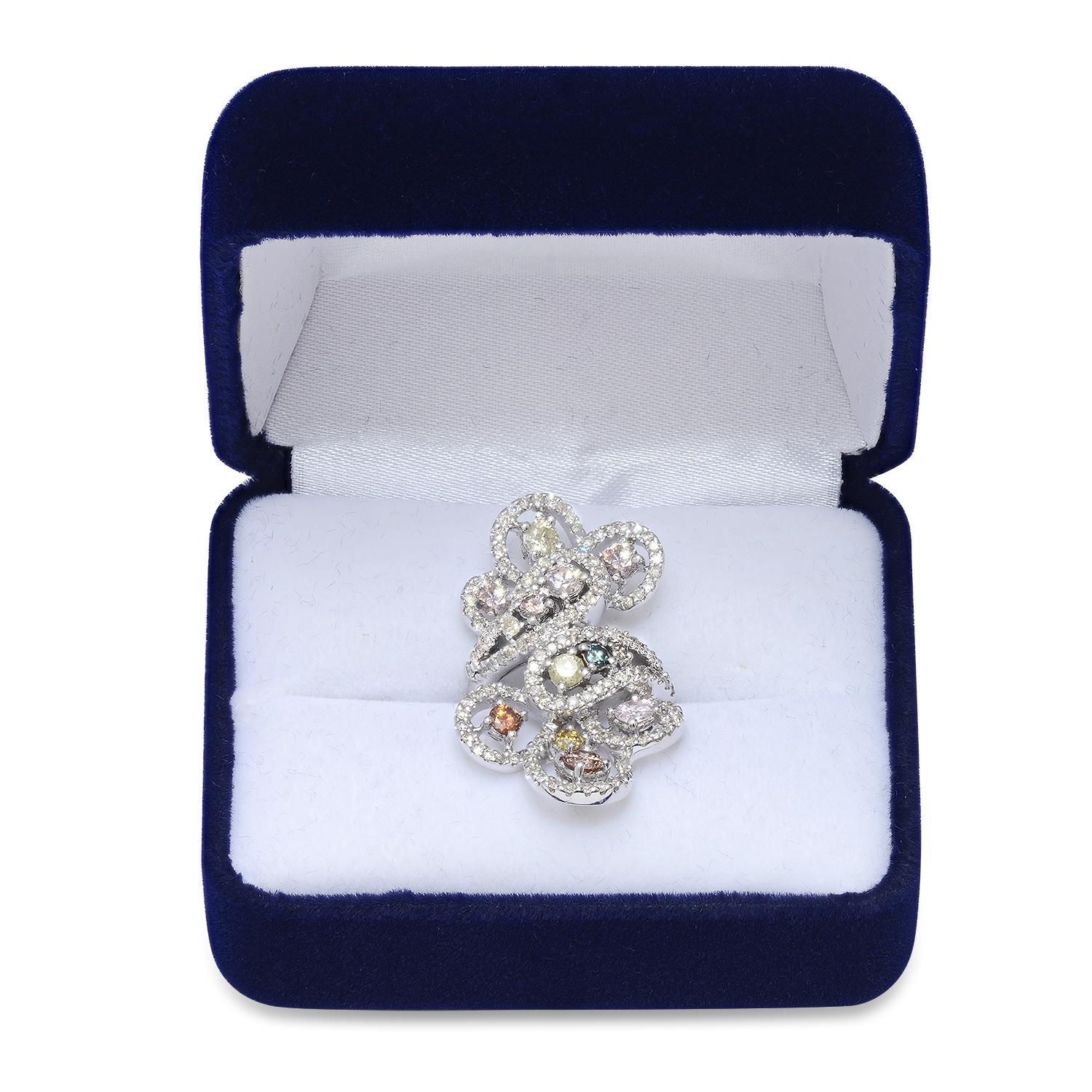 18K White Gold Setting with 1.32ct Fancy Colored Diamonds and 1.18ct Diamond Ladies Ring