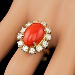 14K Yellow Gold 5.78ct Coral and 1.58ct Diamond Ring