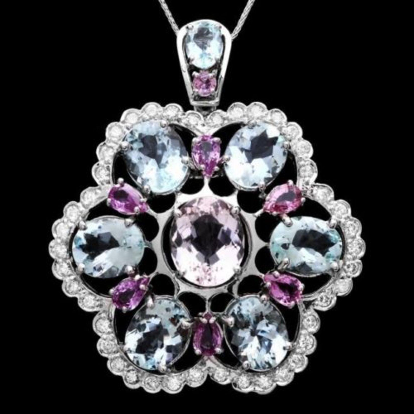 14K Gold 18.79ct Aquamarine 3.98ct Morganite 3.07ct Sapphire and 1.63ct Diamond Pendant