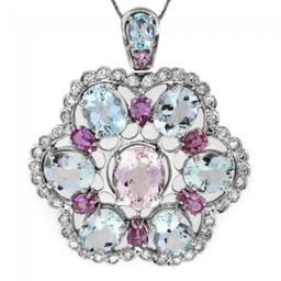 14K Gold 18.79ct Aquamarine 3.98ct Morganite 3.07ct Sapphire and 1.63ct Diamond Pendant