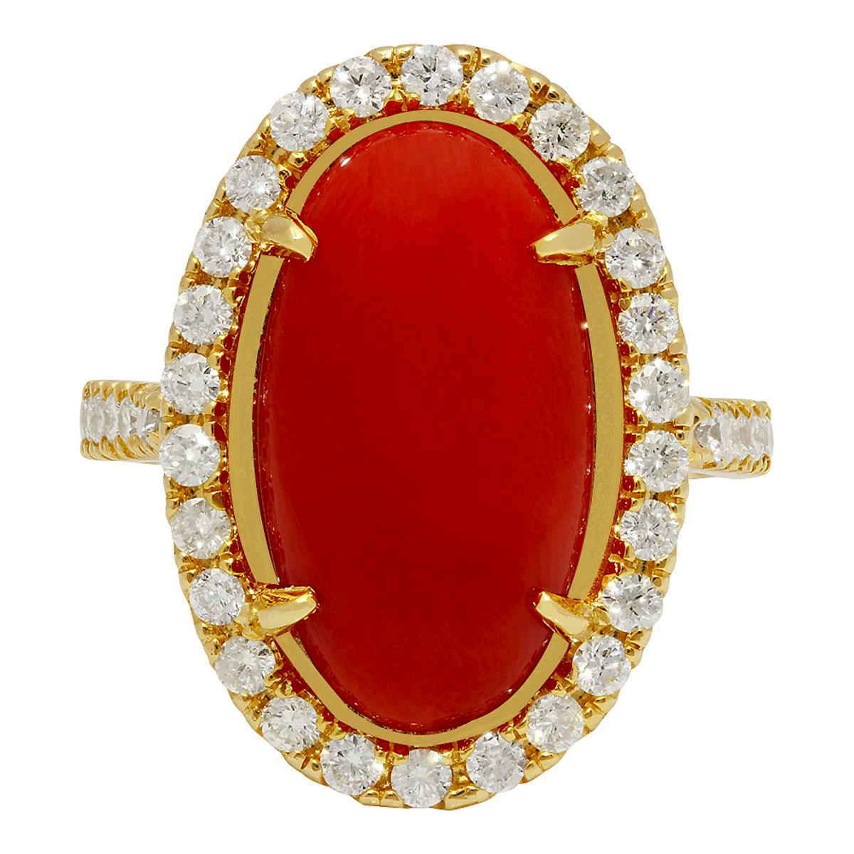 14k Yellow Gold 8.18ct Coral 0.92ct Diamond Ring