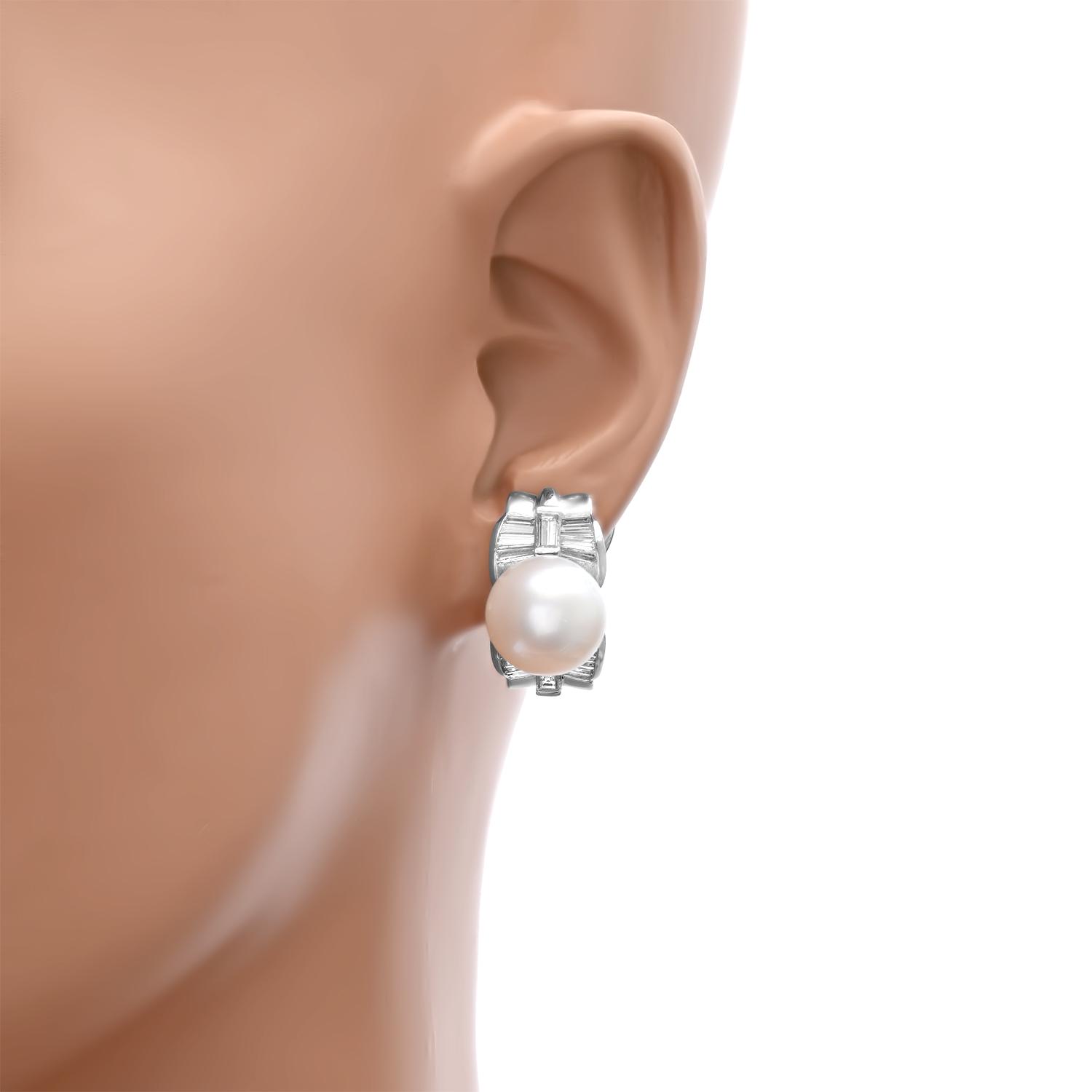 Platinum Setting with 12mm White Pearls and 1.49ct Diamond Earrings