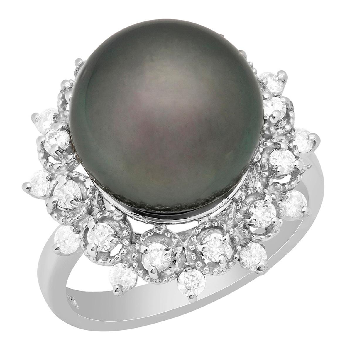 14k White Gold 12mm Pearl 0.59ct Diamond Ring