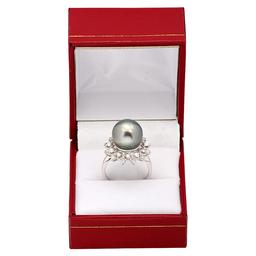 14k White Gold 12mm Pearl 0.59ct Diamond Ring