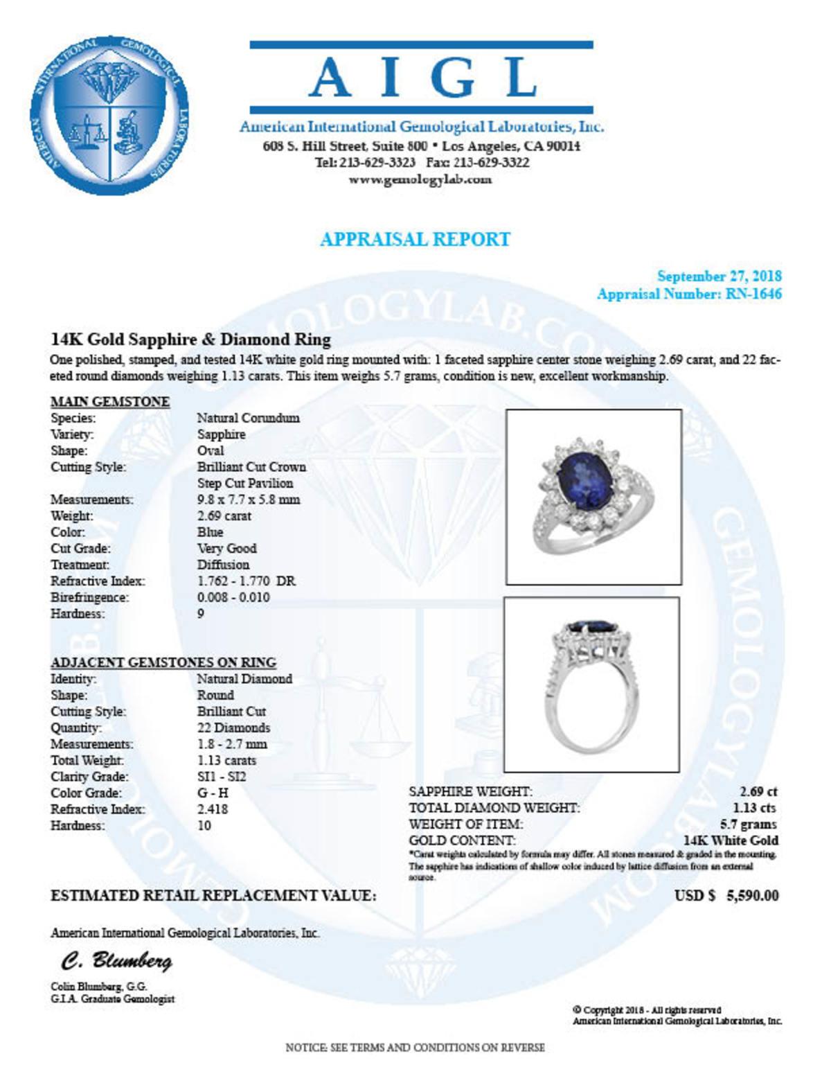 14K White Gold 2.69ct Sapphire and 1.13ct Diamond Ring