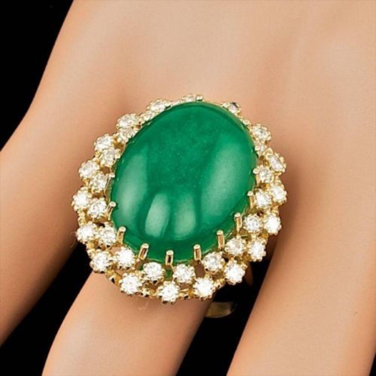 14K Yellow Gold 13.47ct Jadeite and 1.28ct Diamond Ring