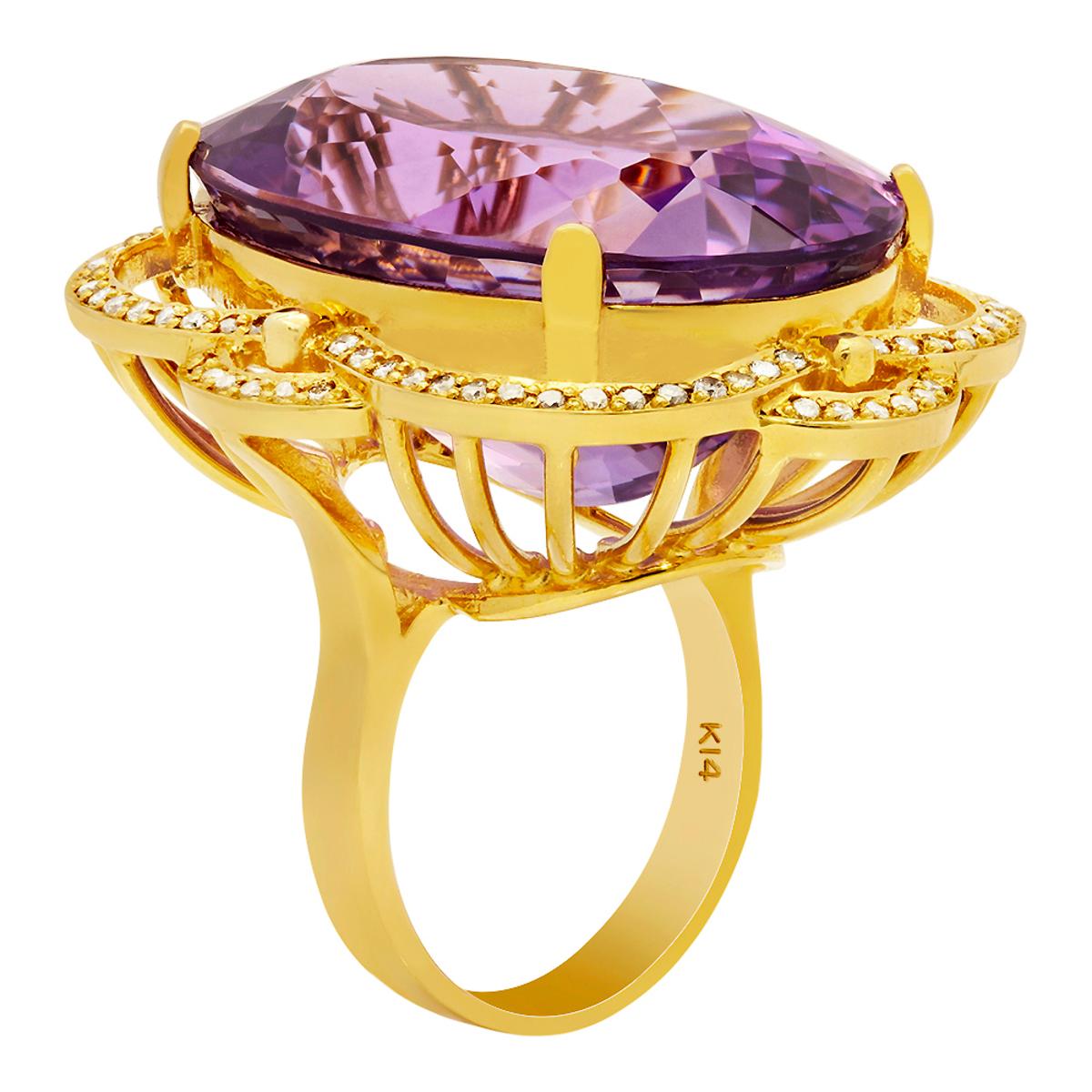 14k Yellow Gold 52.16ct Amethyst 1.09ct Diamond Ring