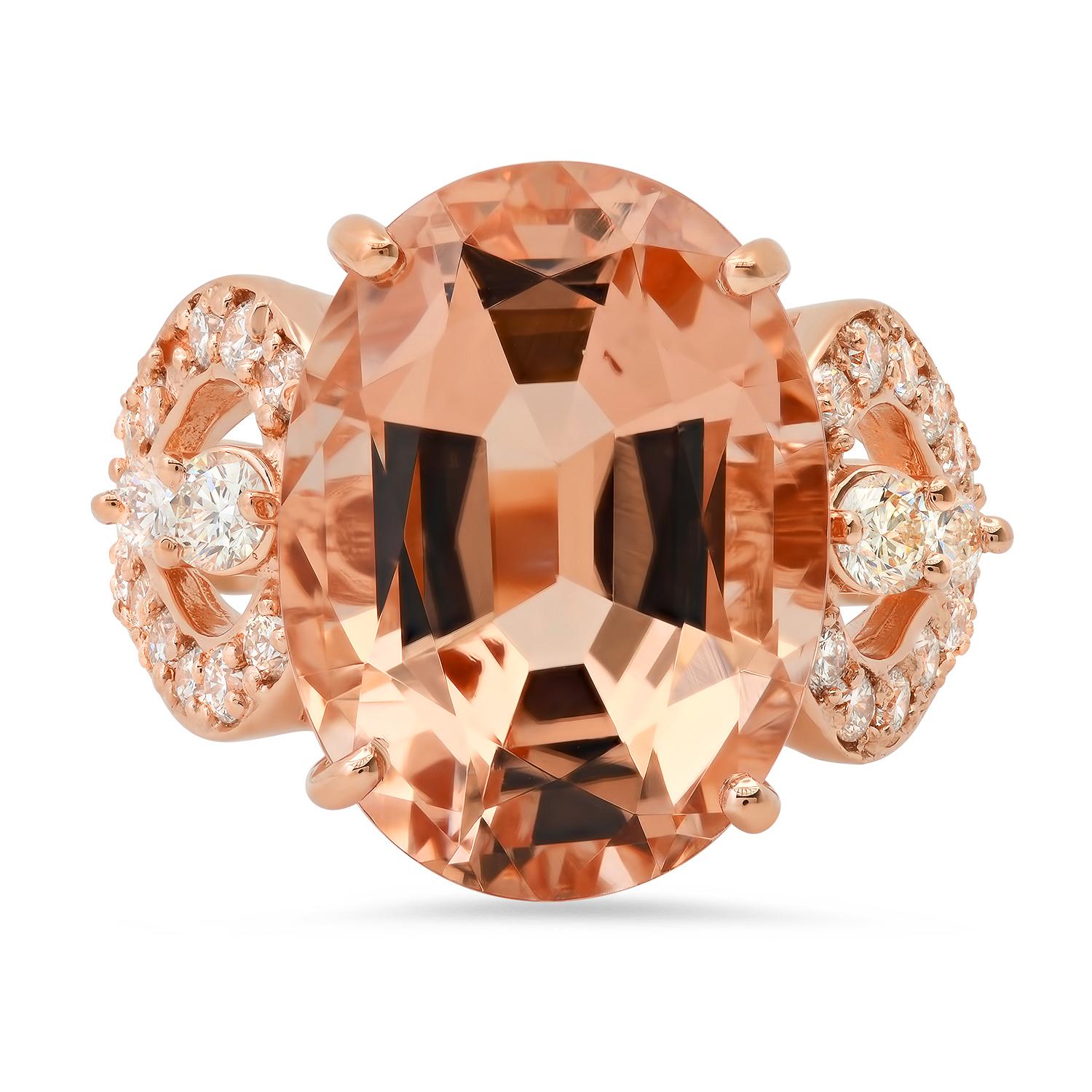 14K Rose Gold with 12.48ct Morganite and 0.90ct Diamond Ladies Ring