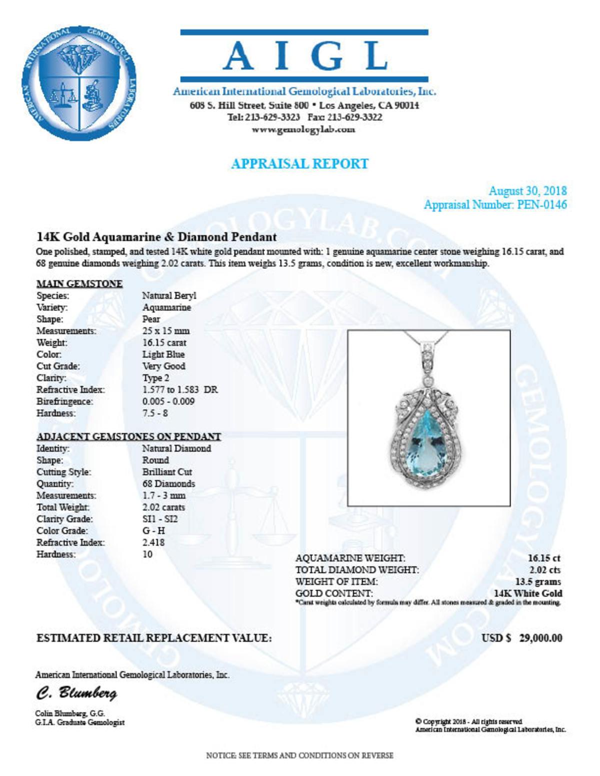 14K Gold 16.15ct Aquamarine 2.02ct Diamond Pendant