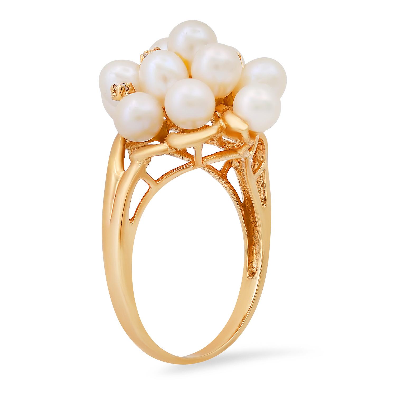 14K Yellow Gold Setting with 13 White Pearls and 0.12ct Diamond Ladies Ring