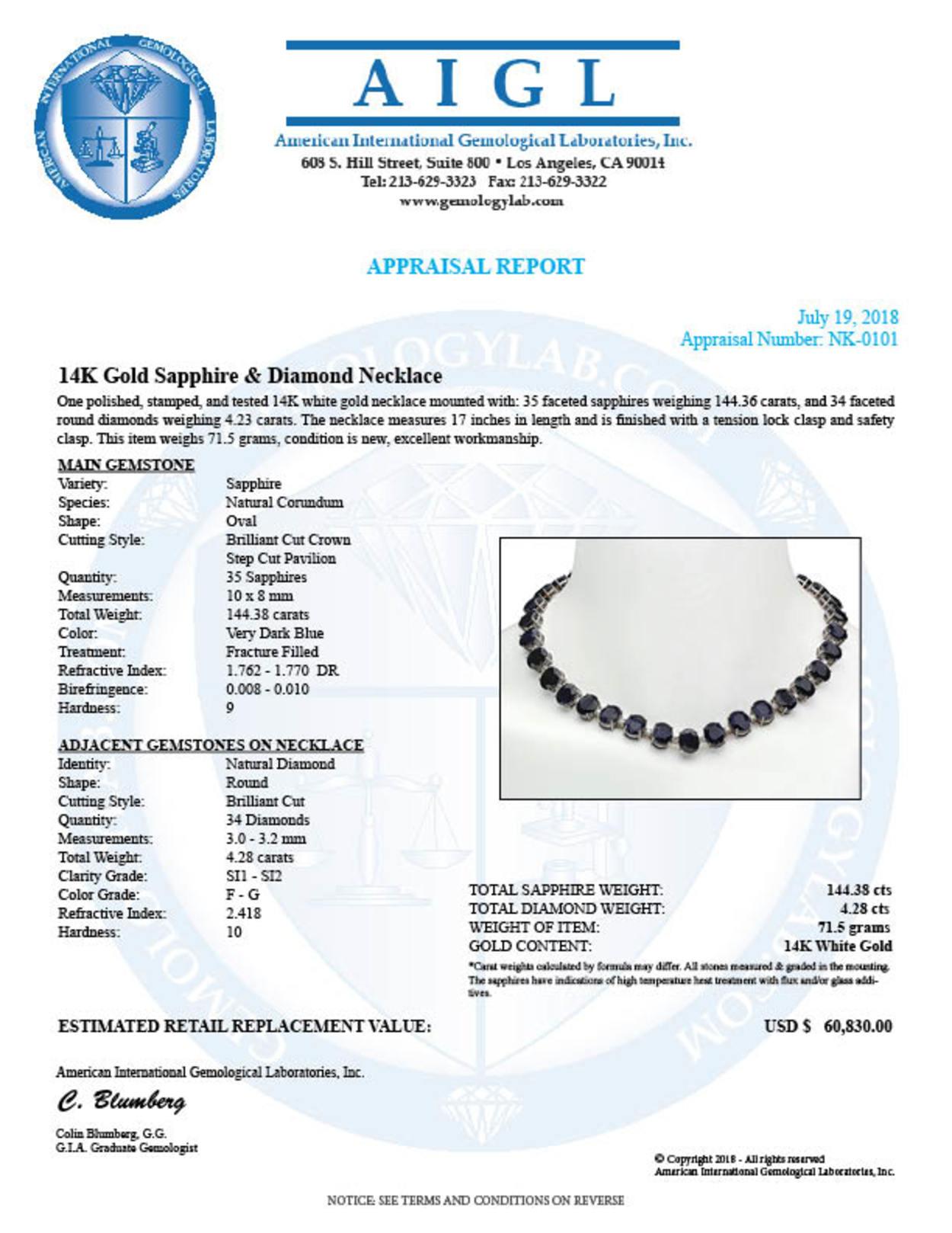 14K Gold 144.38ct Sapphire 4.28ct Diamond Necklace