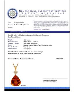 14k Yellow Gold 41.10ct Citrine 0.51ct Diamond Pendant