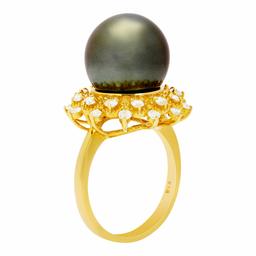 14k Yellow Gold 13mm Pearl 0.41ct Sapphire 0.40ct Diamond Ring