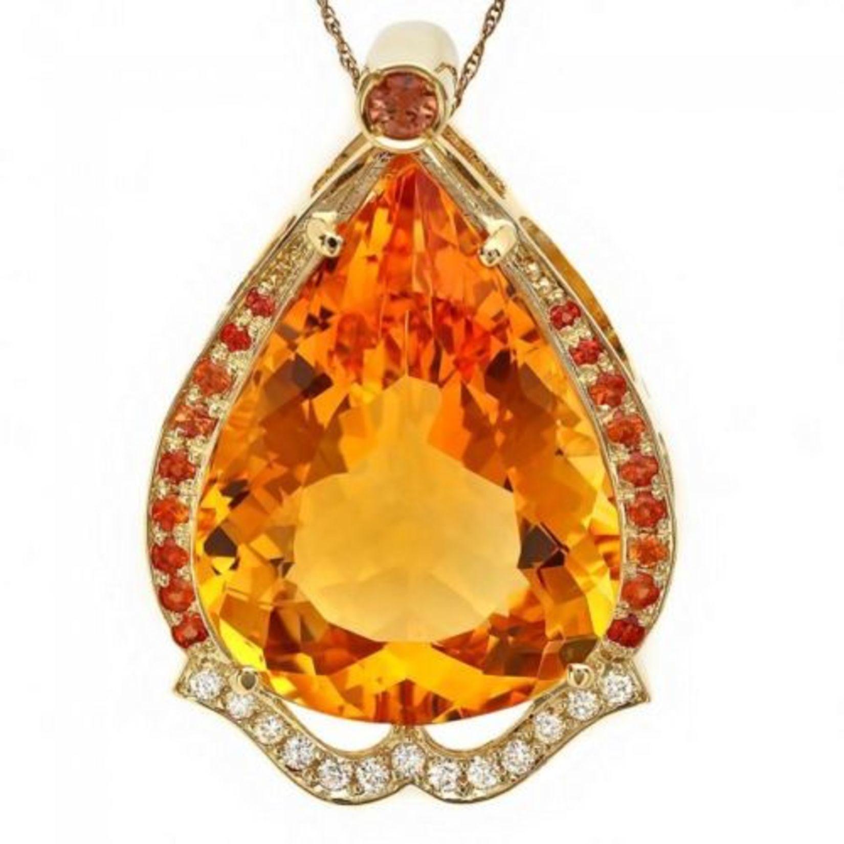 14K Gold 42.18ct Citrine 1.04ct Sapphire and 0.27ct Diamond Pendant