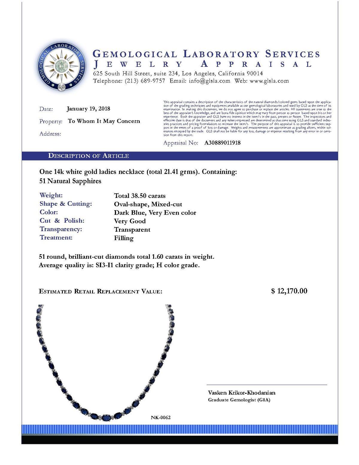 14k White Gold 38.50ct Sapphire 1.60ct Diamond Necklace