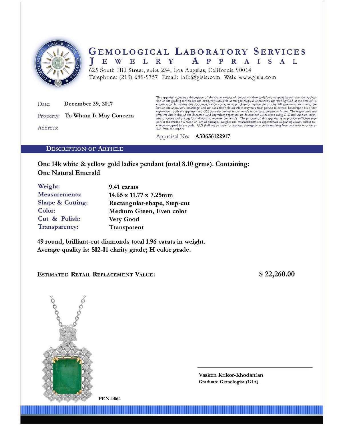 14k White Gold 9.41ct Emerald 1.96ct Diamond Pendant