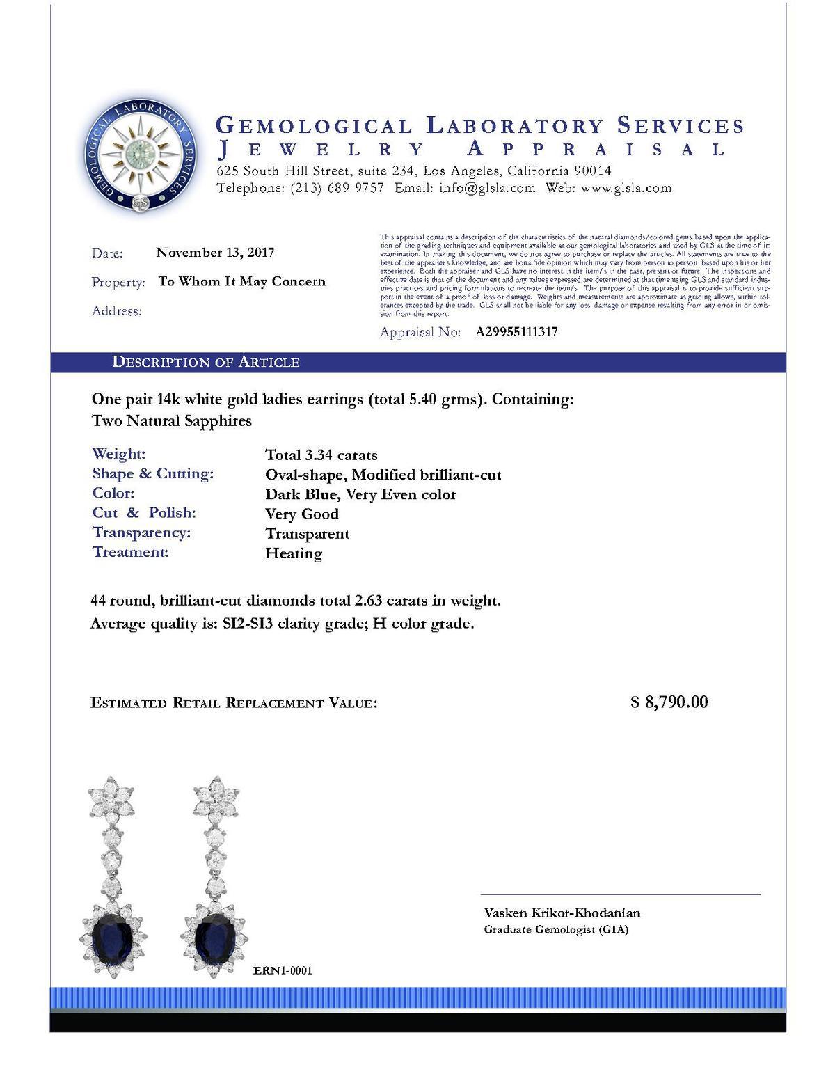 14k White Gold 3.34ct Sapphire 2.63ct Diamond Earrings