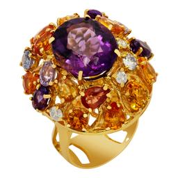 14k Yellow Gold 8.60ct Amethyst 7.71ct Multi-Stone 0.51ct Diamond Ring