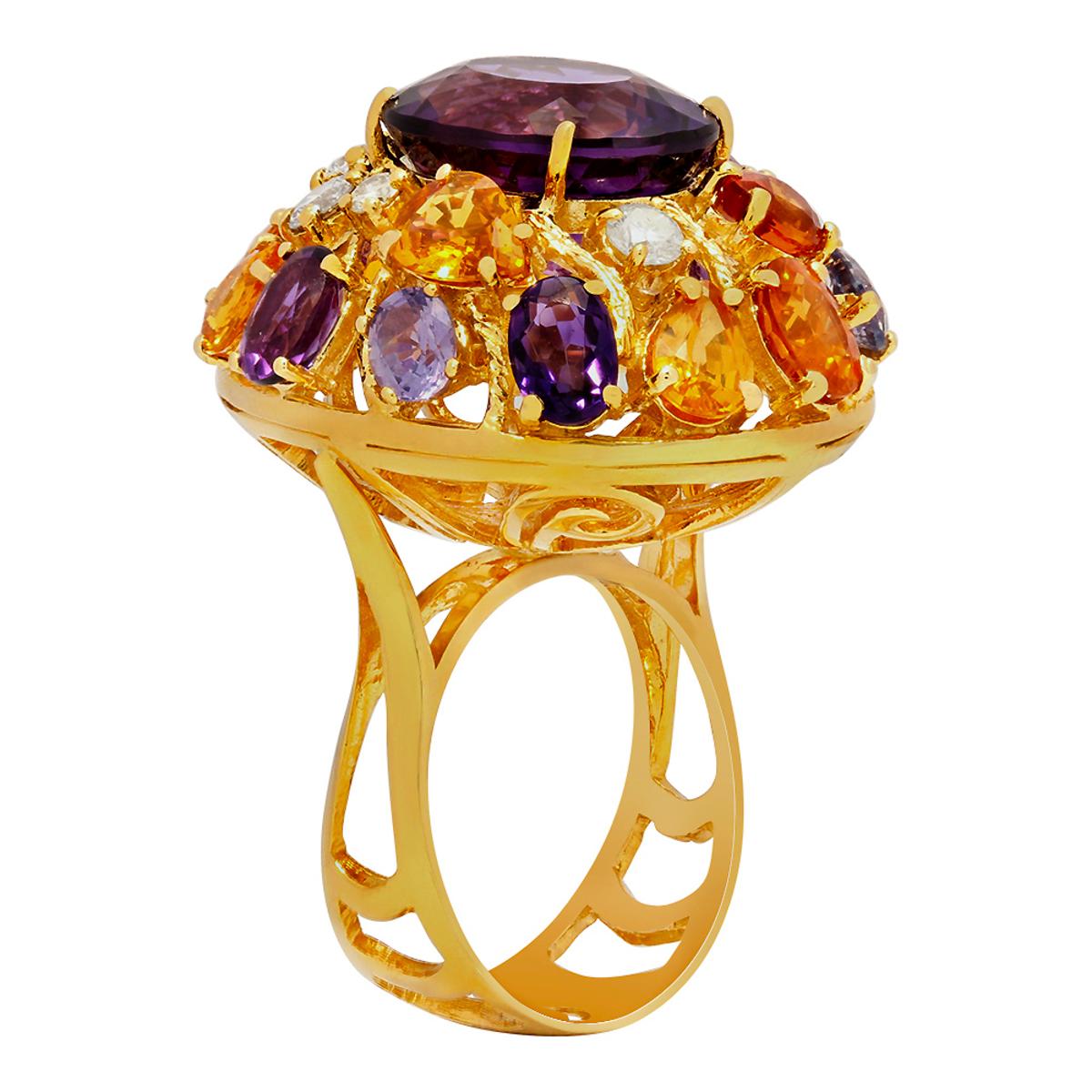 14k Yellow Gold 8.60ct Amethyst 7.71ct Multi-Stone 0.51ct Diamond Ring