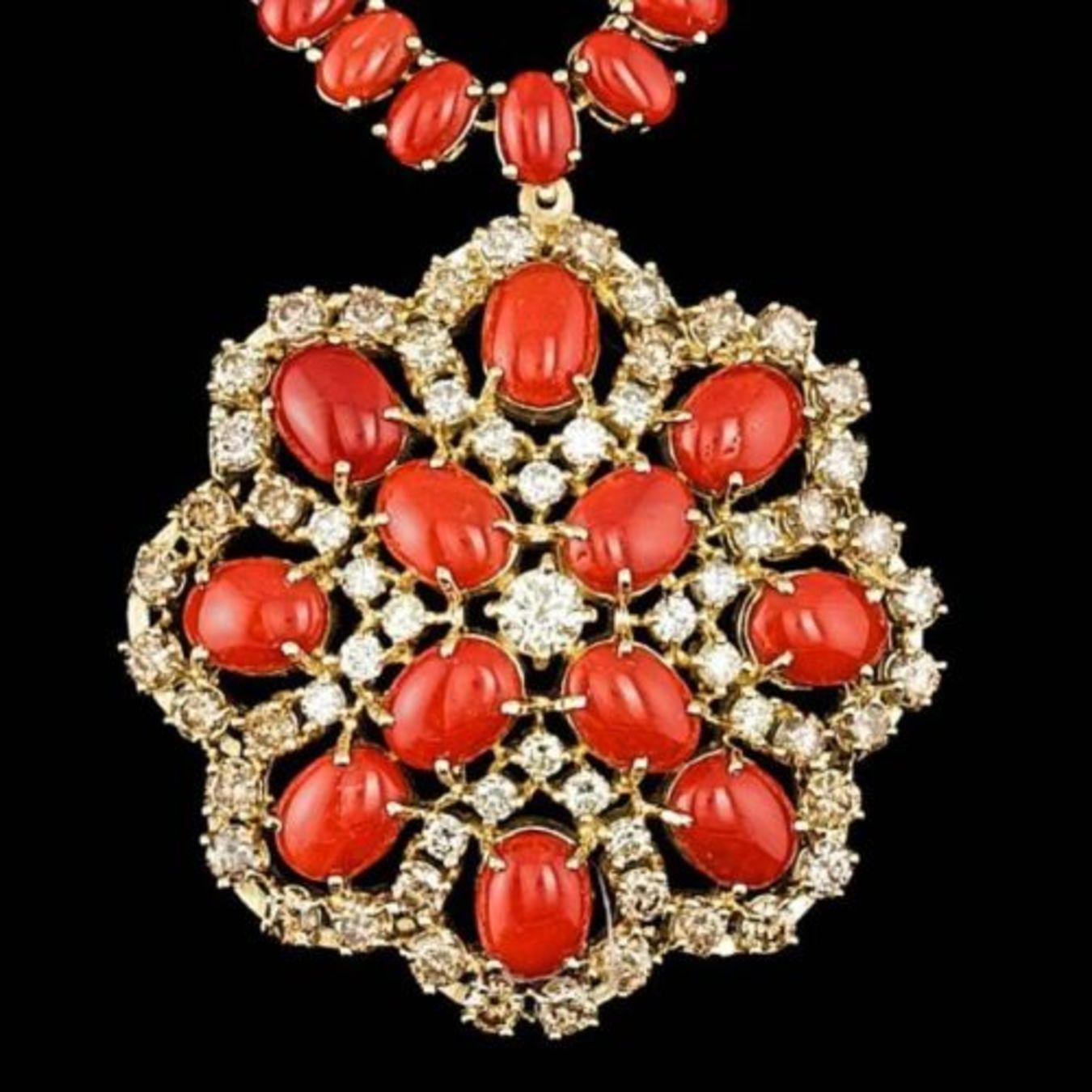 14K Yellow Gold 56.35ct Coral and 5.38ct Diamond Necklace