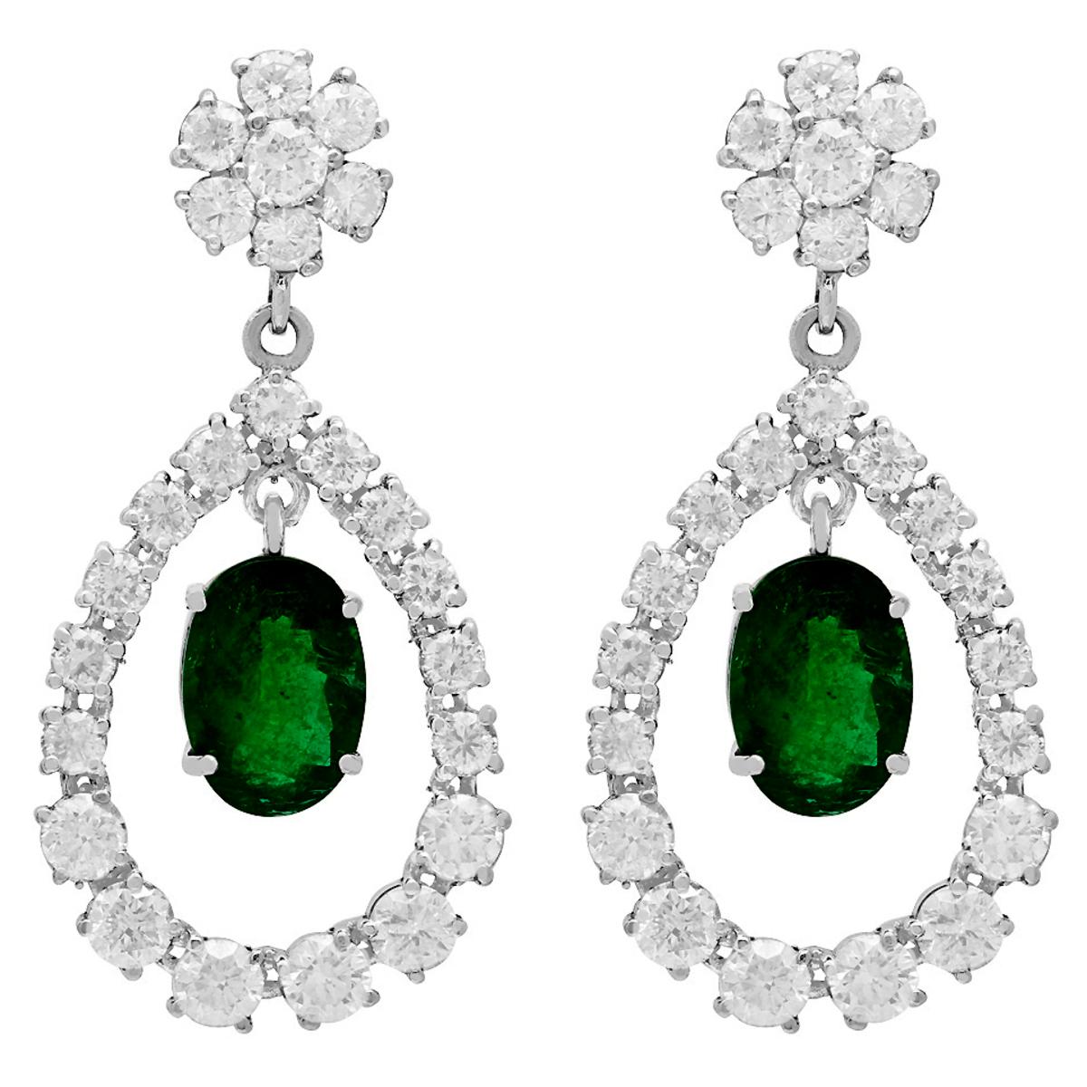 14k White Gold 5.91ct Emerald 7.10ct Diamond Earrings