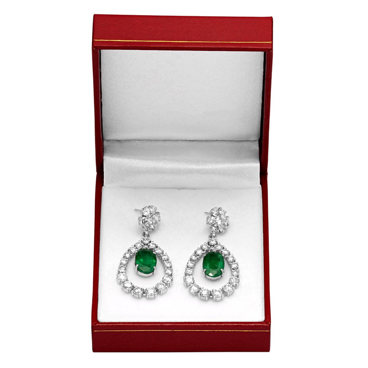 14k White Gold 5.91ct Emerald 7.10ct Diamond Earrings