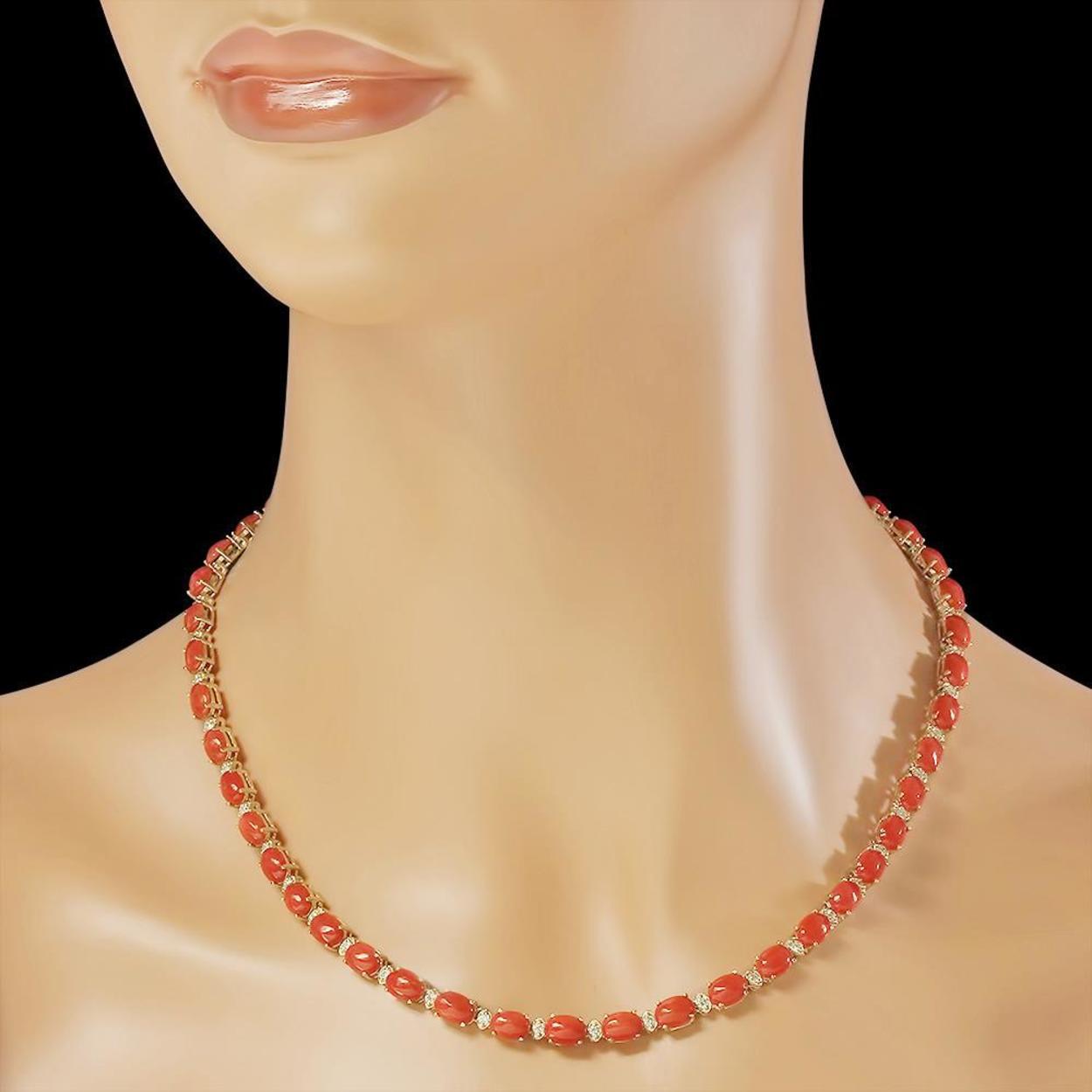 14K Gold 26.54ct Coral 1.81ct Diamond Necklace