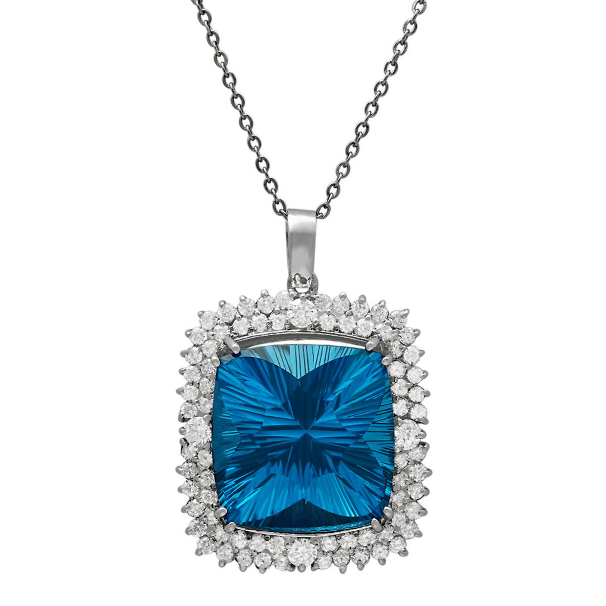 14k White Gold 42.10ct Blue Topaz 3.10ct Diamond Pendant