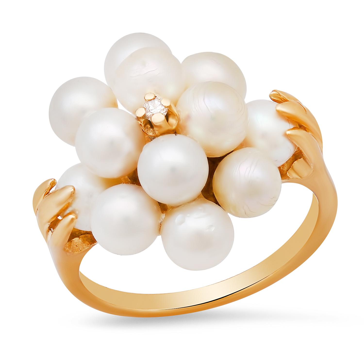 14K Yellow Gold Setting with 12 Round White Pearls and 0.03ct Diamond Ladies Ring