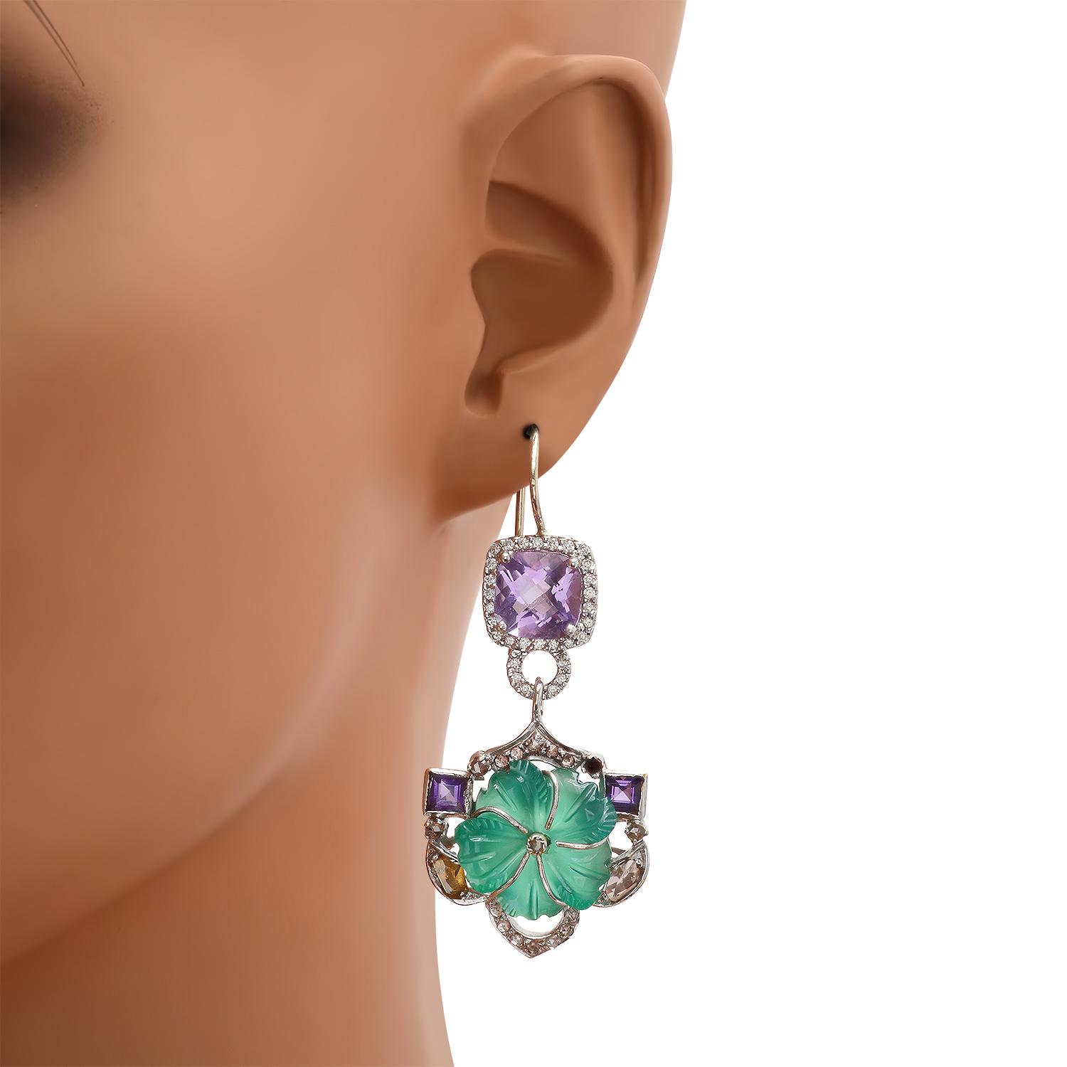 18K White Gold Setting with 3.5ct Amethyst, Chalcedony and 1.25ct Diamond Earrings