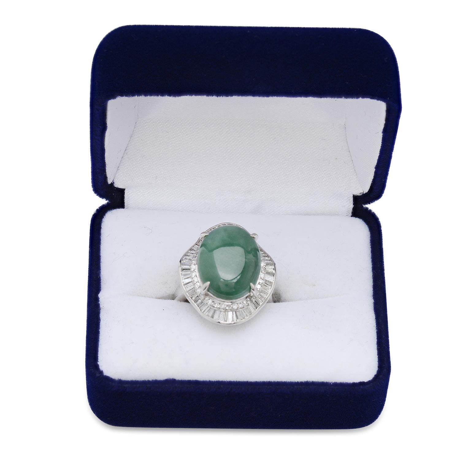 Platinum Setting with 15.19ct Jade and 1.38ct Diamond Ladies Ring