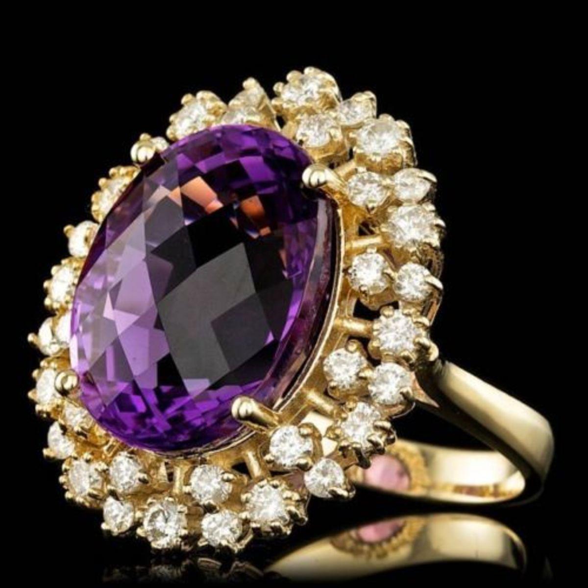 14K Yellow Gold 13.89ct Amethyst and 1.54ct Diamond Ring