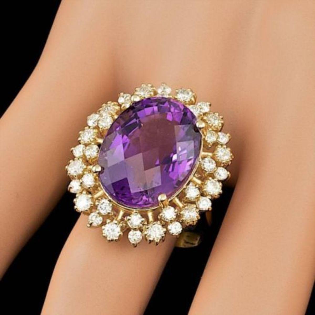 14K Yellow Gold 13.89ct Amethyst and 1.54ct Diamond Ring