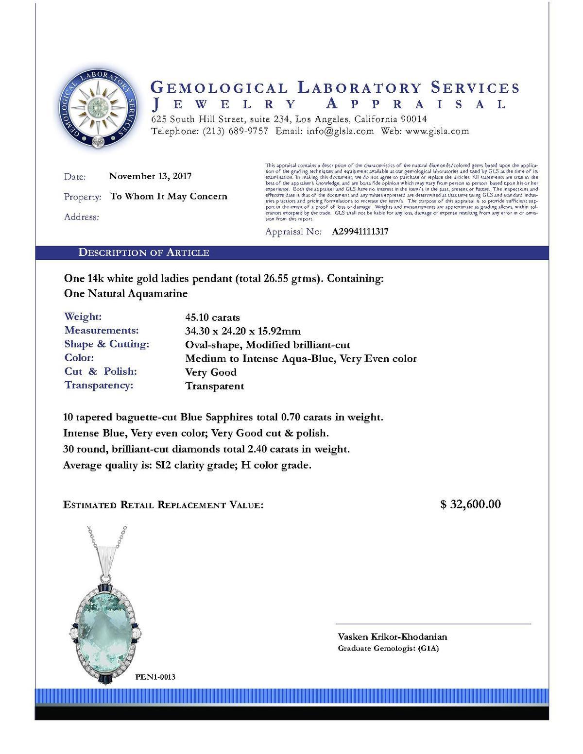 14k White Gold 45.10ct Aquamarine 0.70ct Blue Sapphire 2.40ct Diamond Pendant