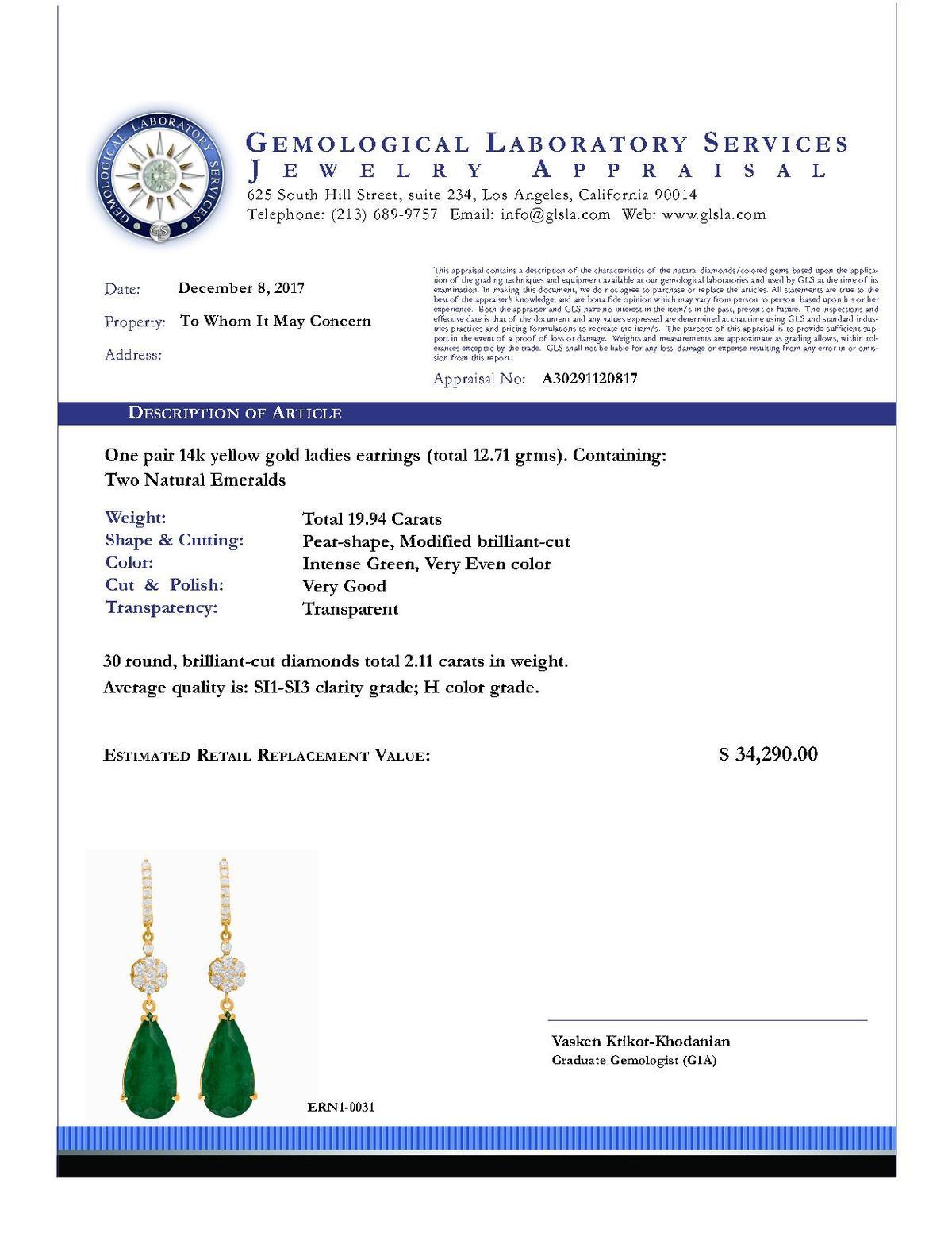 14k Yellow Gold 19.94ct Emerald 2.11ct Diamond Earrings