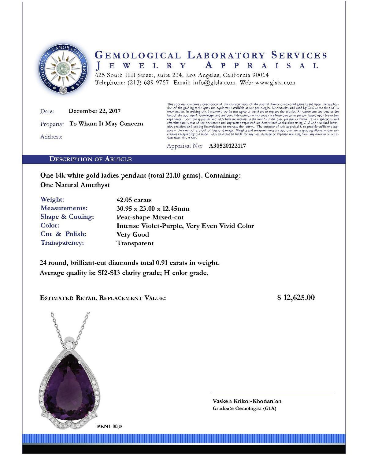 14k White Gold 42.05ct Amethyst 0.91ct Diamond Pendant