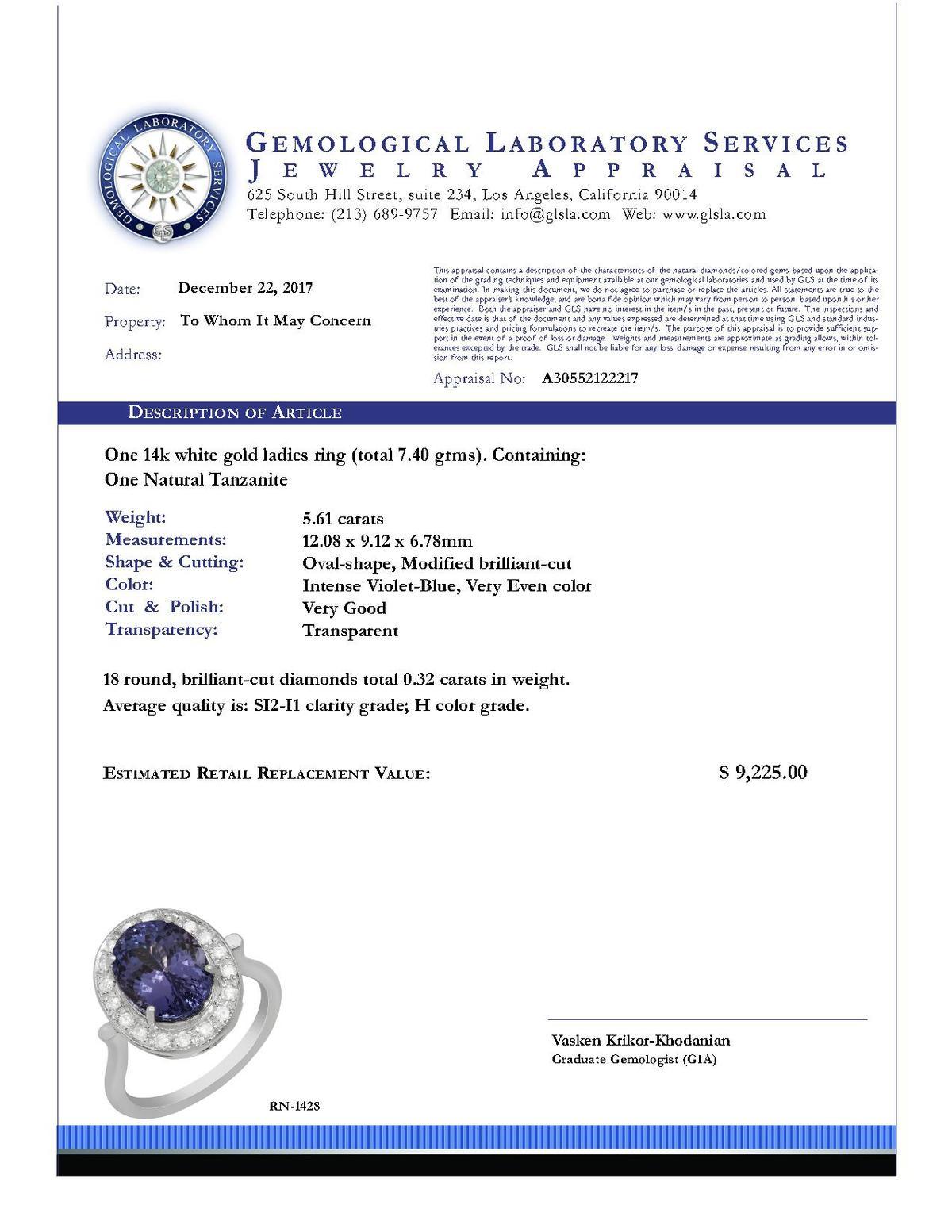 14k White Gold 5.61ct Tanzanite 0,32ct Diamond Ring