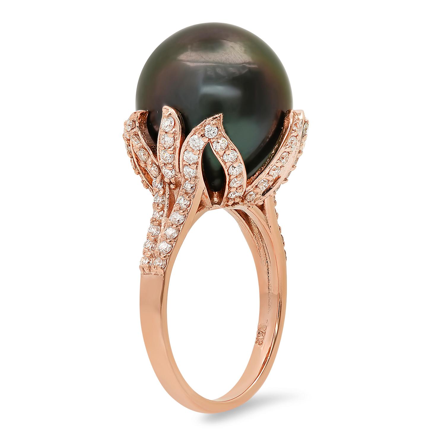 14K Rose Gold Setting with 14mm Tahitian Pearl and 0.93ct Diamond Ladies Ring