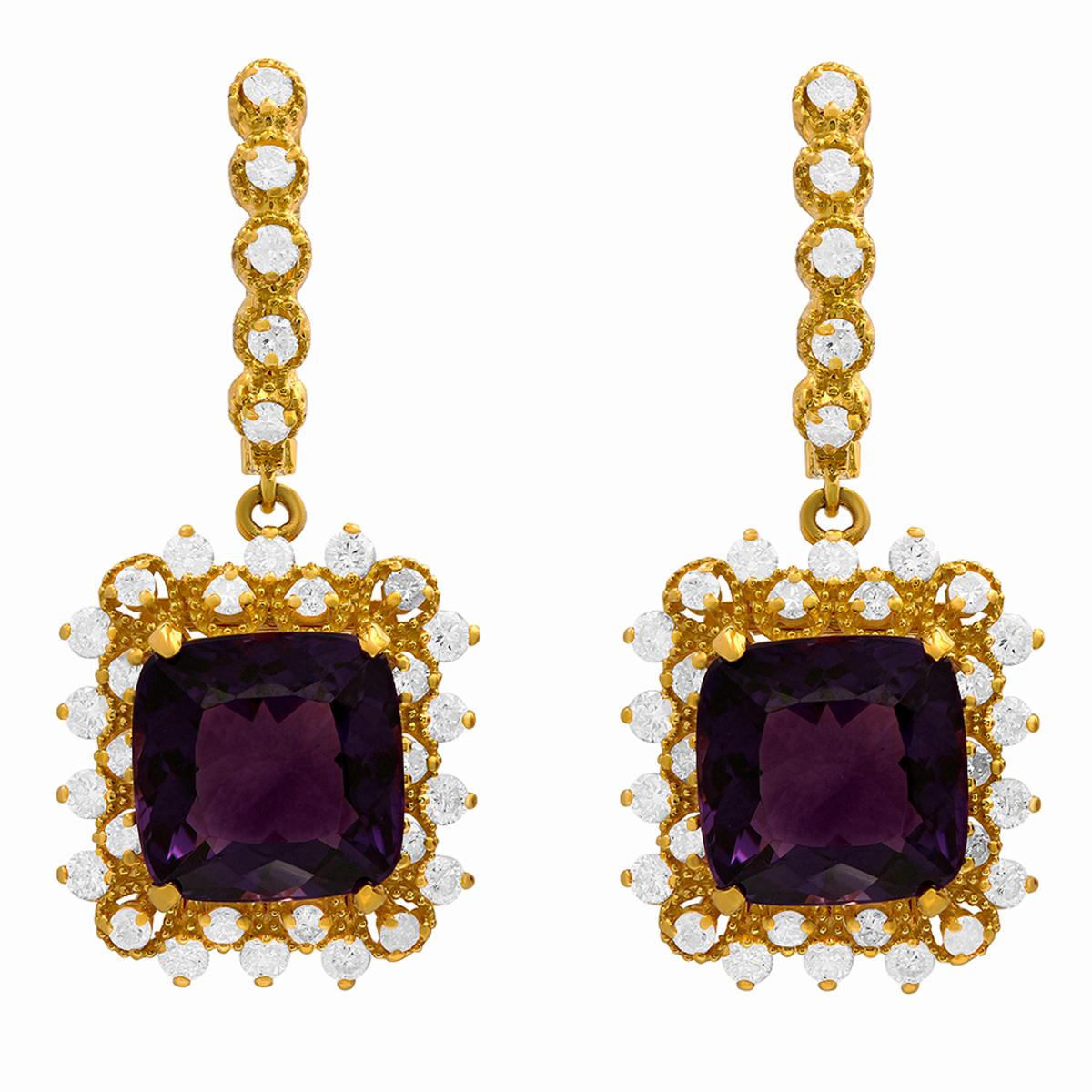 14k Yellow Gold 11.50ct Amethyst 1.25ct Diamond Earrings