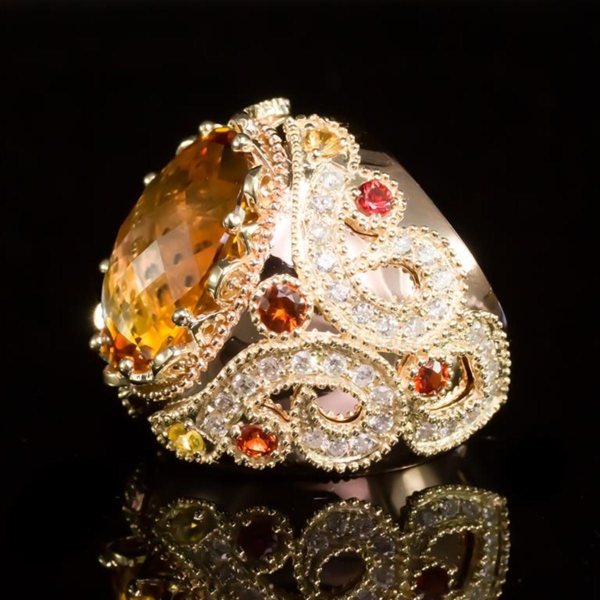 14K Rose Gold 17.89ct Citrine 1.42ct Sapphire and 1.21ct Diamond Ring