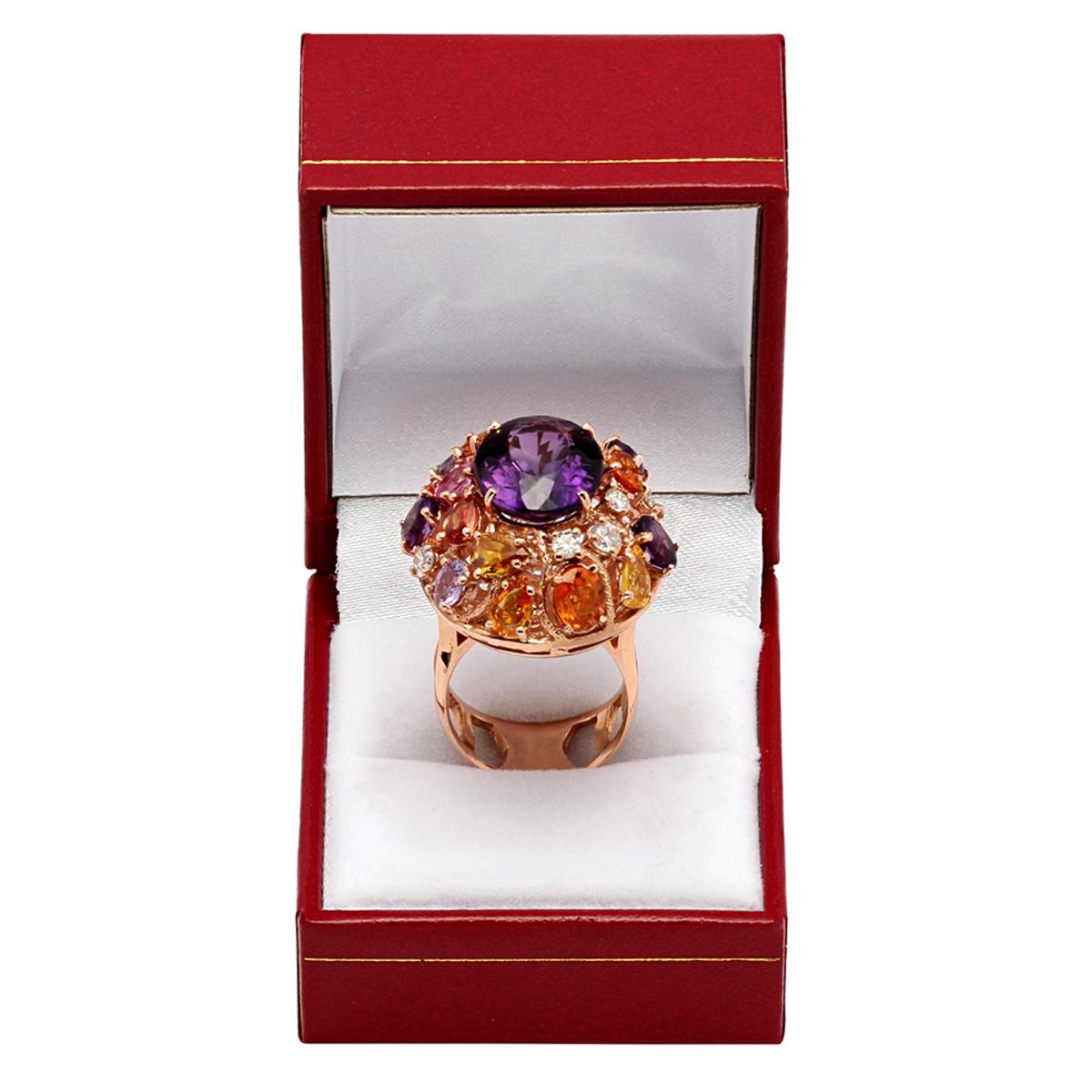 14k Rose Gold 8.75ct Amethyst 6.14ct Multi-Stone 0.76ct Diamond Ring