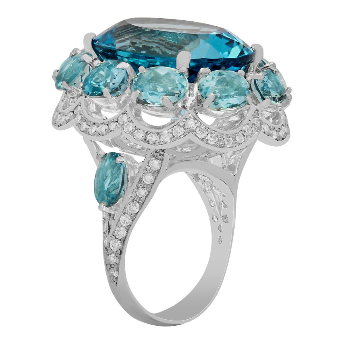 14k White Gold 25.62ct Blue Topaz 14.13ct Aquamarine 2.25ct Diamond Ring