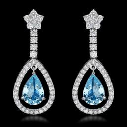 14K White Gold 4.32ct Aquamarine and 2.68ct Diamond Earrings