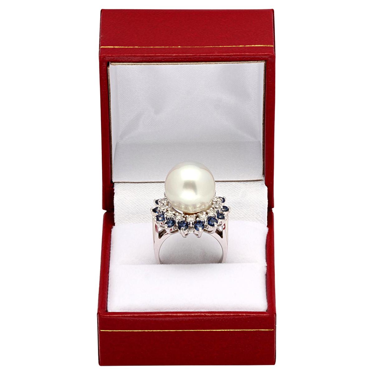 14k White Gold 13.5mm Pearl 1.37ct Sapphire 0.74ct Diamond Ring