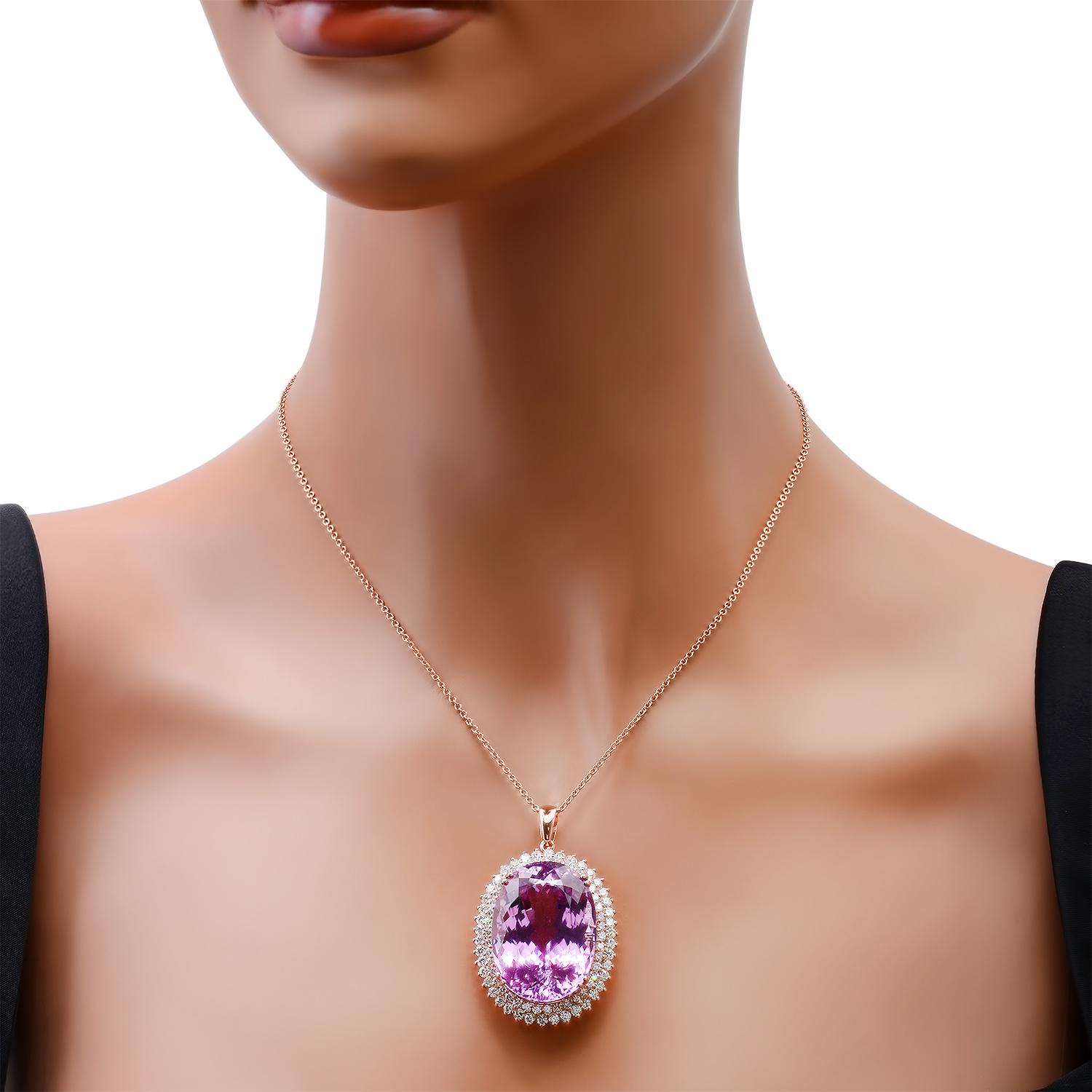 14K Rose Gold Setting with 65.0ct Kunzite and 3.52ct Diamond Pendant