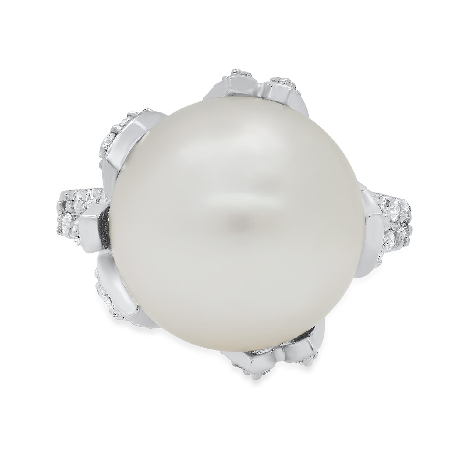 14K White Gold Setting with 14mm South Sea Pearl and 0.93ct Diamond Ladies Ring