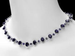 14K White Gold 56.35ct Sapphire and 1.56ct Diamond Necklace