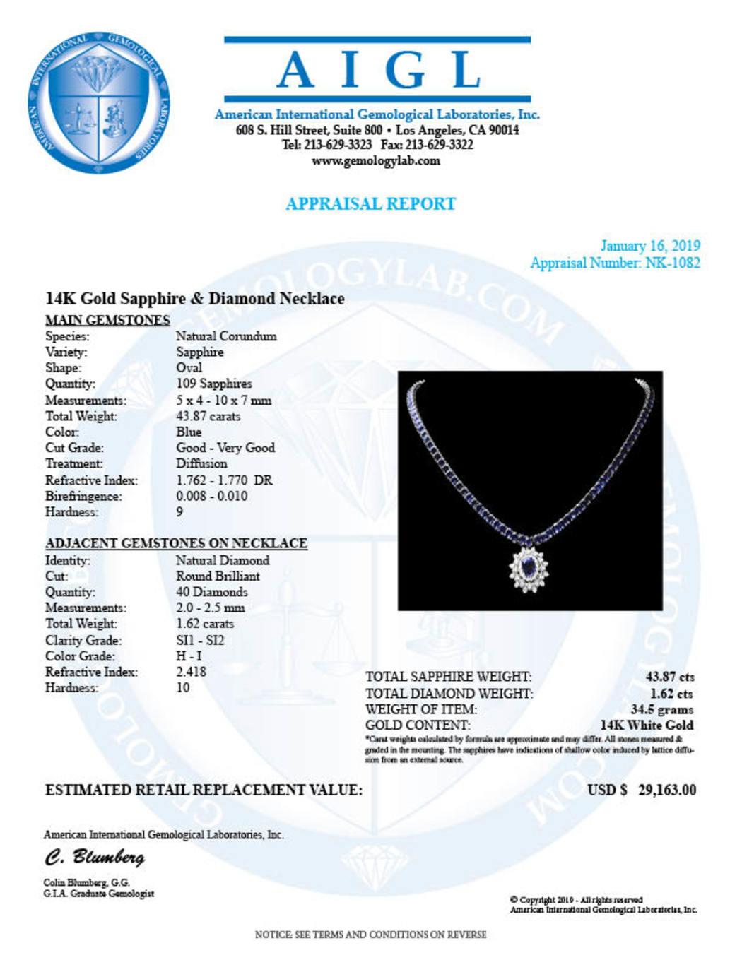 14K White Gold 43.87ct Sapphire and 1.62ct Diamond Necklace
